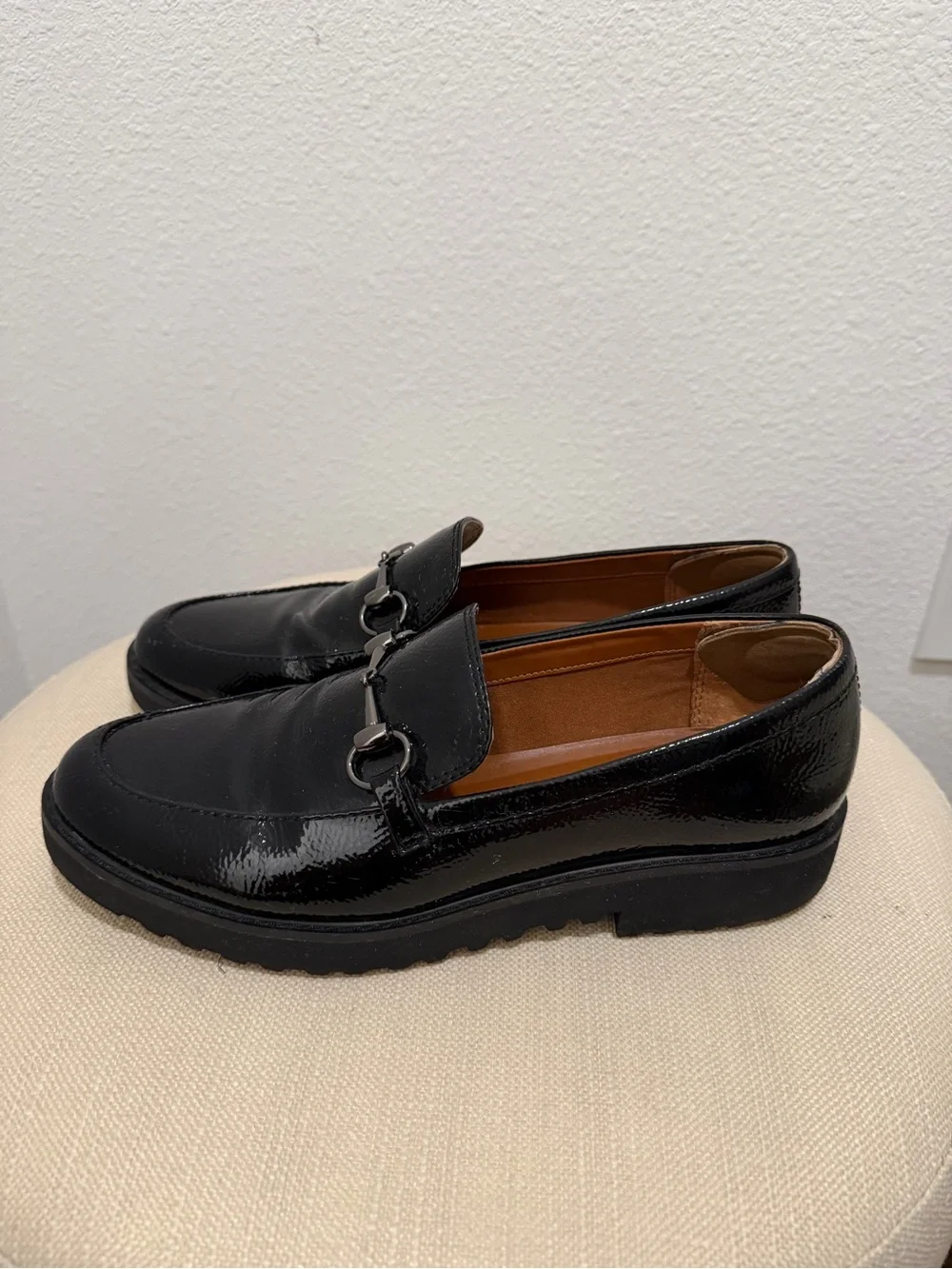 Franco Sarto Black Patent Leather Bit Loafers